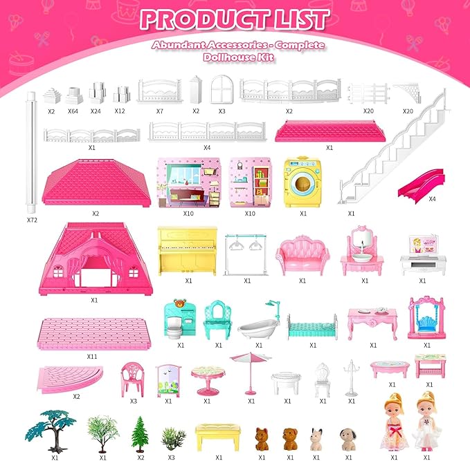 DIY Dolls House for Girls - 4-Level 10-Room Villa with 2 Dolls, 4 Dogs & Rich Accessories, DollsHouse Toys for Kids 4-8 Years Old