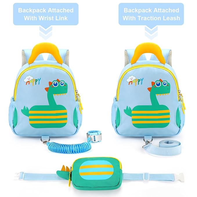 Accmor Toddler Leash Backpack with Anti Lost Wrist Link, Cute Dinosaur Bag Children Safety Walking Harness with Removable Little Pouch, Kids Travel Essential Mini Back Pack with Tether for Baby Boys