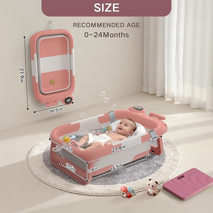 Collapsible Baby Bathtub for Newborn to Toddler (0-24 Months), Portable Baby Bath Tub for Travel, Newborn Bathtub with Soft and Supportive Cushion (Astronaut-Pink)