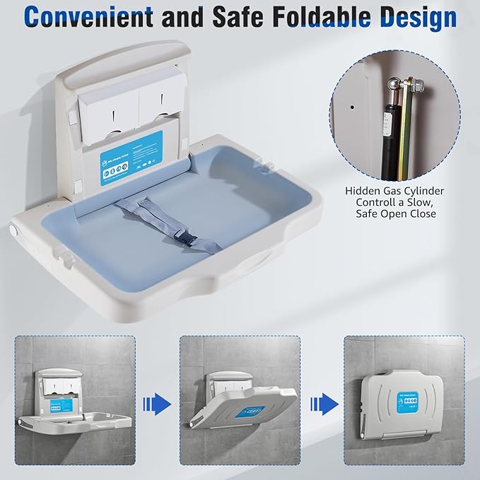 Baby Changing Station Wall Mounted, Fold Down Baby Changing Table, Commercial Diaper Changing Station, Nappy Changing Table with Safety Strop and Door Sign, Space-Saving