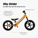 Strider 12” Sport Bike - No Pedal Balance Bicycle for Kids 1 to 4 Years - Includes Safety Pad, Padded Seat, Mini Grips & Flat-Free Tires - Tool-Free Assembly & Adjustments