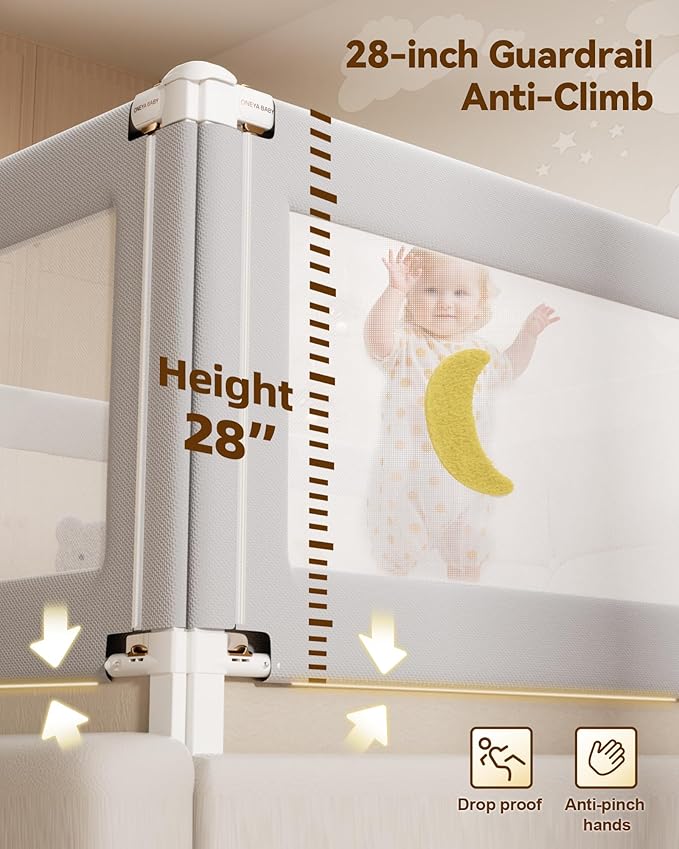 3 Piece Bed Rails for Queen Bed, No-Drill Needed Baby Bed Rail Guard for Toddlers with Height Adjustable, Thickened Child Safety Side Railing Guards/Bedrail for Kids, Grey Bear Design, 60x78.7x78.7in