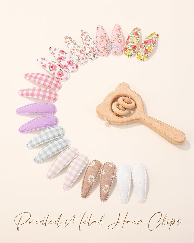 doboi 40 Pcs Floral Print Snap Hairpins, Hair Bows Clips, and Barrettes for Girls - Non-Slip Wrapped Flower Clips Hair Accessories