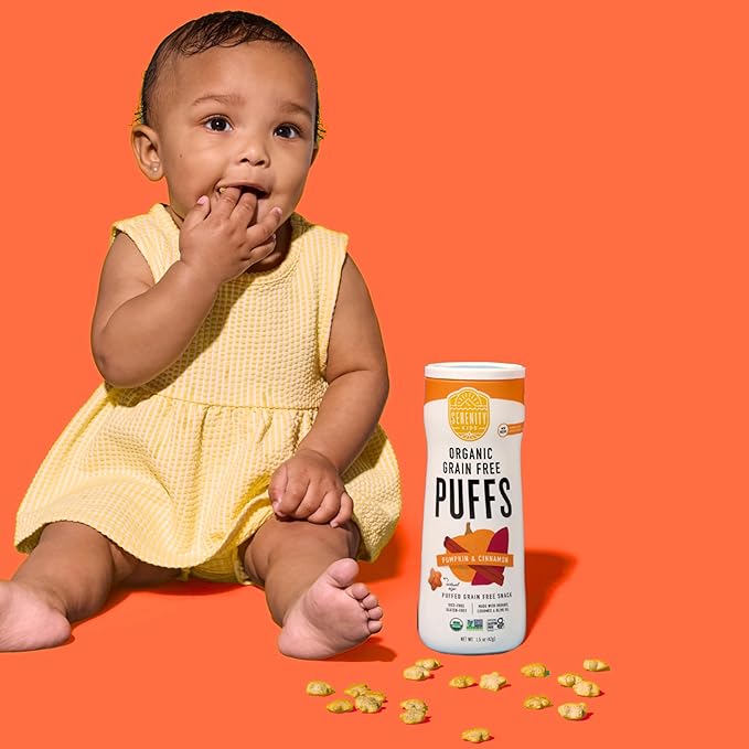 Serenity Kids 6+ Months Baby Puffs - Pack of 6, 1.5 oz, Pumpkin & Cinnamon - USDA Organic Grain Free Toddler Food - Nut, Rice & Gluten Free Snack with Veggies, Legumes & Olive Oil - Baby Essentials