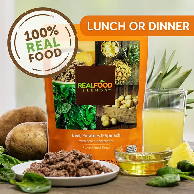 Real Food Blends Beef, Potatoes & Spinach - Pureed Food Meals for Tube Feeding with Protein, Vegetables & Fruits - 330 Calories for Lunch & Dinner - 9.4 oz (Pack of 12)