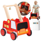 Wooden Baby Walker with Wheels - Baby Walkers for Boys Fire Truck Walker Baby - Walker for Baby Boy with Rigged Handles - Adjustable Height and Chalkboard on Wooden Activity Walker