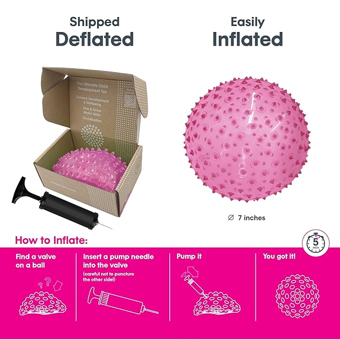 Edushape Sensory Ball for Baby - 7" Deflated with Pump, Transparent Pink, Enhances Gross Motor Skills for Kids 6 Months & Up