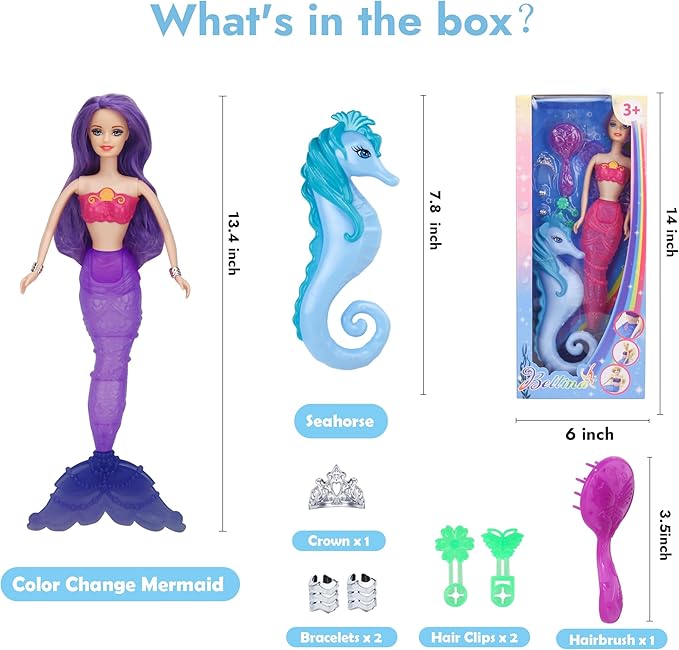 BETTINA Magical Color Changing Mermaid Doll, Princess Mermaid Toy with Seahorse & Dolls Accessories - Vibrant Purple Hair and Transforming Tail, Mermaid Gifts Toys for Girls Aged 3-7