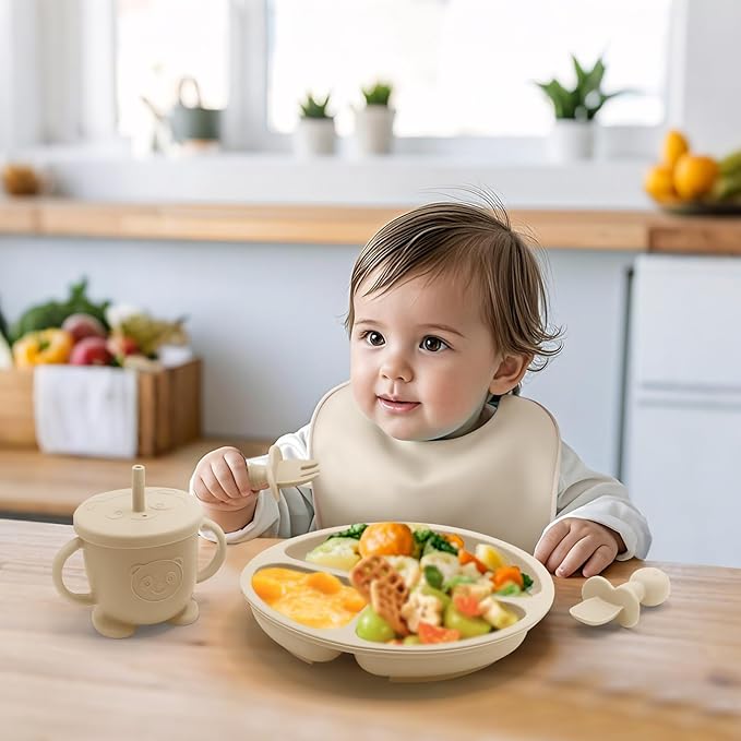 Baby Led Weaning Supplies, 17 Piece BPA-Free Silicone Feeding Set, Eating Essentials Baby Utensils with Suction Plate and Bowl, Pocket Bib, Sippy Cup with Lid, for 6+ Months, Beige