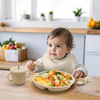 Baby Led Weaning Supplies, 8 Piece BPA-Free Silicone Feeding Set, Silicone Suction Bowl, Forks & Spoons, Bib & Cup, Develops Self Feeding Skills, Dishwasher Safe, for 6+ Months (Beige)