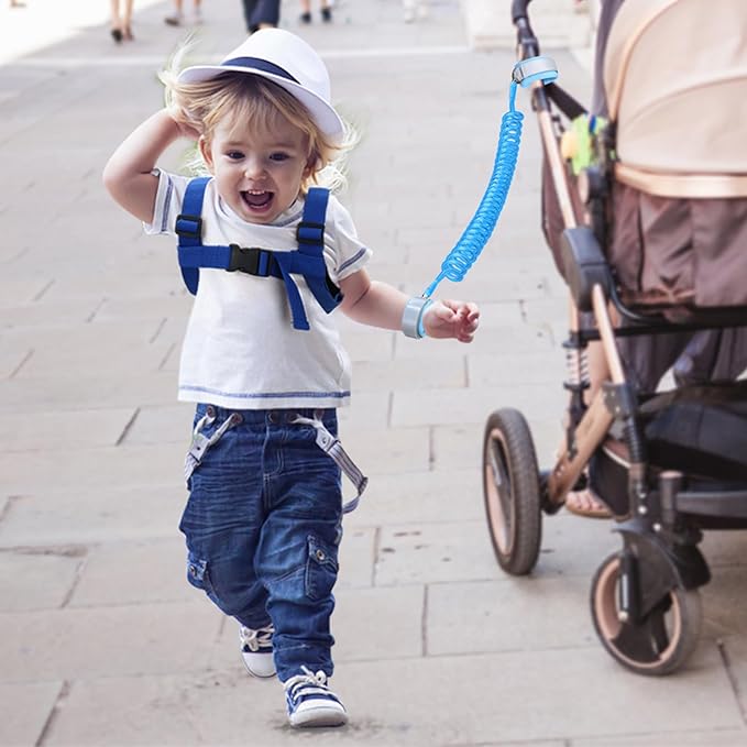 Accmor Toddler Harness with Leash, Cute Dinosaur Kids Harness + Anti Lost Wrist Link, Mini Child Harness Leash Wristband Strap Belt Protector for Baby Boys Girls to Outdoor Travel (Blue)