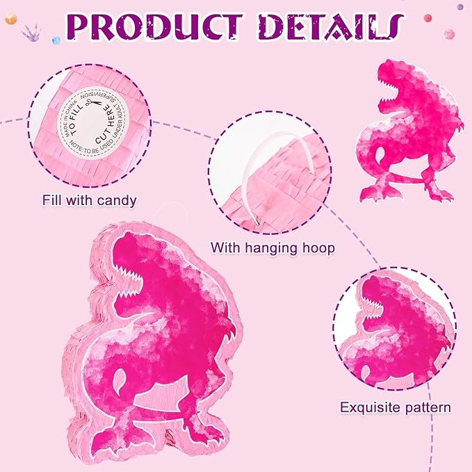 WERNNSAI Dinosaur Piñata - Watercolor Pink Dinosaur Piñata Birthday Piñata with Stick and Blindfold for Kids Birthday Party Game Classroom Activities Rose Dinosaur Themed Party Decors(16.1’’ x 12.4’’)