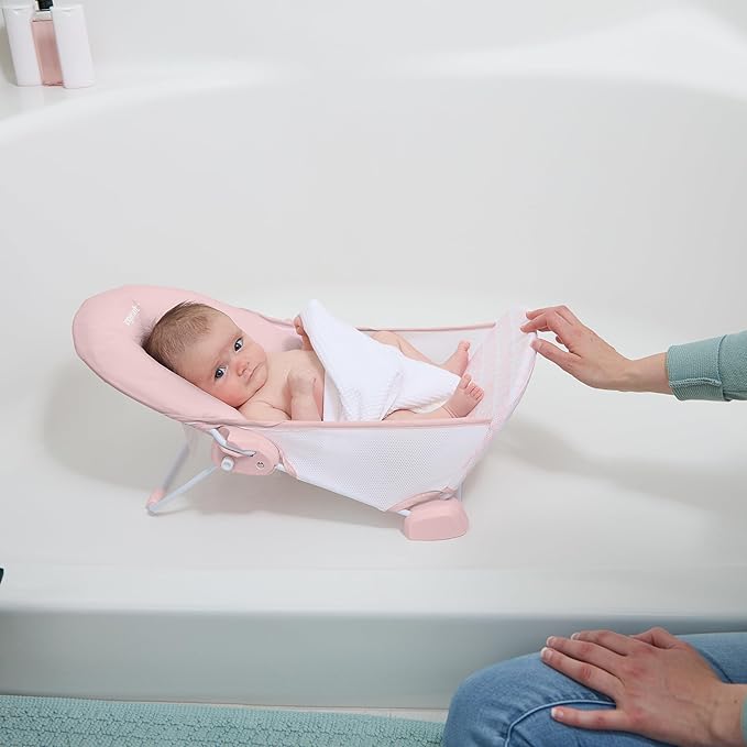 Ingenuity Foldaway 2-Position Bather, 2-Position Adjustable Support Baby Bath seat for Sink or Bathtub, Ages 0-6 Months, up to 20 pounds, Pink