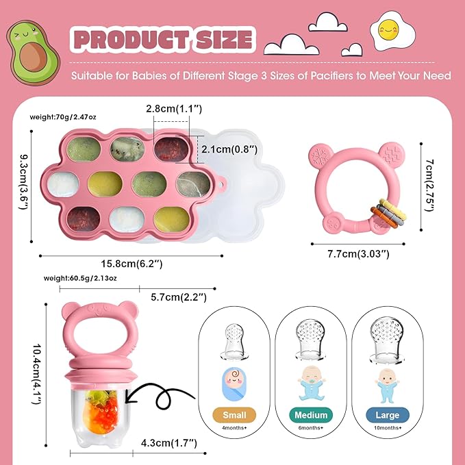 Baby Fruit Food Feeder & Breastmilk Popsicle Molds for Teething Relief, Baby Feeding Sets, 1 Freezer Tray with Lid & 1 Teether Toy & 1 Silicone Teething Pacifier Feeder, Extra Food Pouches (Pink)