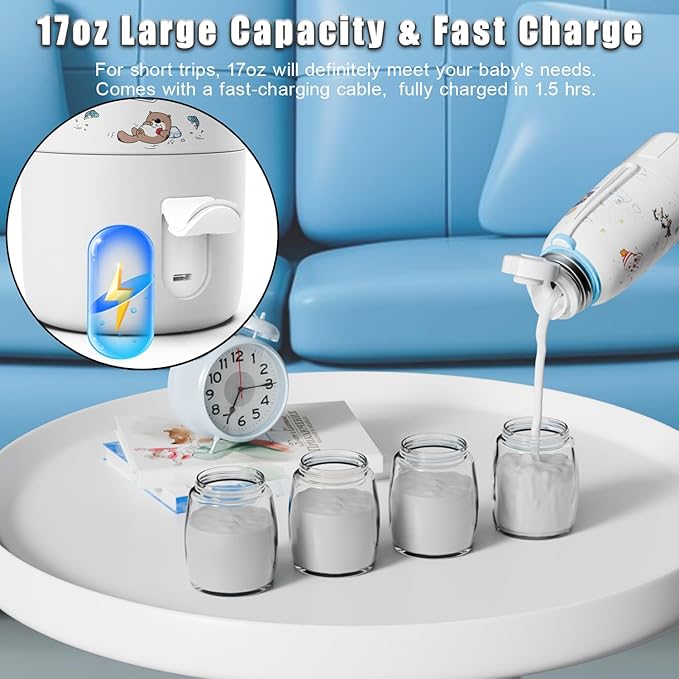 Portable Bottle Warmer, Travel Formula Milk Warmer for Baby, 17oz Water Warmer On The Go with 3min-Rapid-Heat Fast Charge Cordless Formula Warmer Temp Control Baby Travel Essential Xams Gift