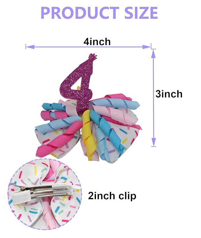Birthday Hair Bow for Baby Girls 1 2 3 4 5 6 Years Sprinkle Decorations Party Hair Accessories for Four 4th Birthday Confetti Ice Cream