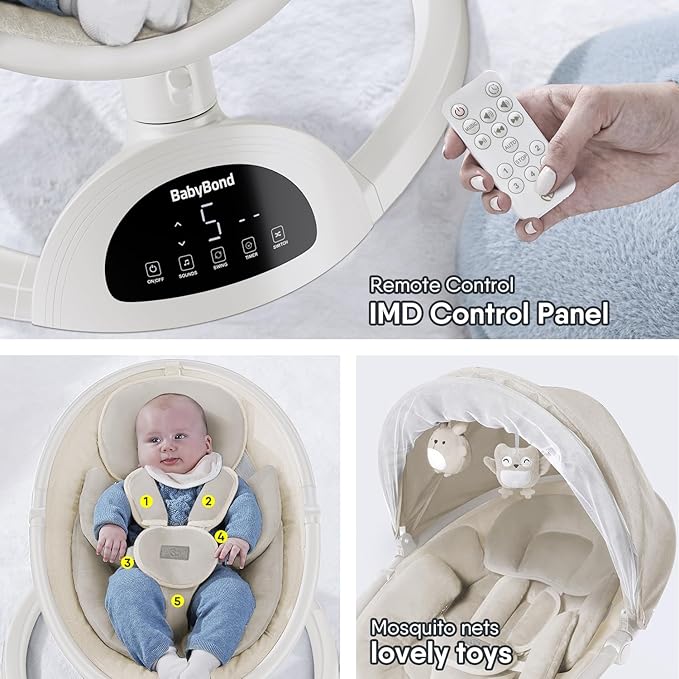 BabyBond Baby Swings for Infants, Bluetooth Infant Swing with Music Speaker, 3 Seat Positions, 5 Point Harness Belt, 5 Speeds and Remote Control - Portable Baby Swing for Indoor and Outdoor (Beige)