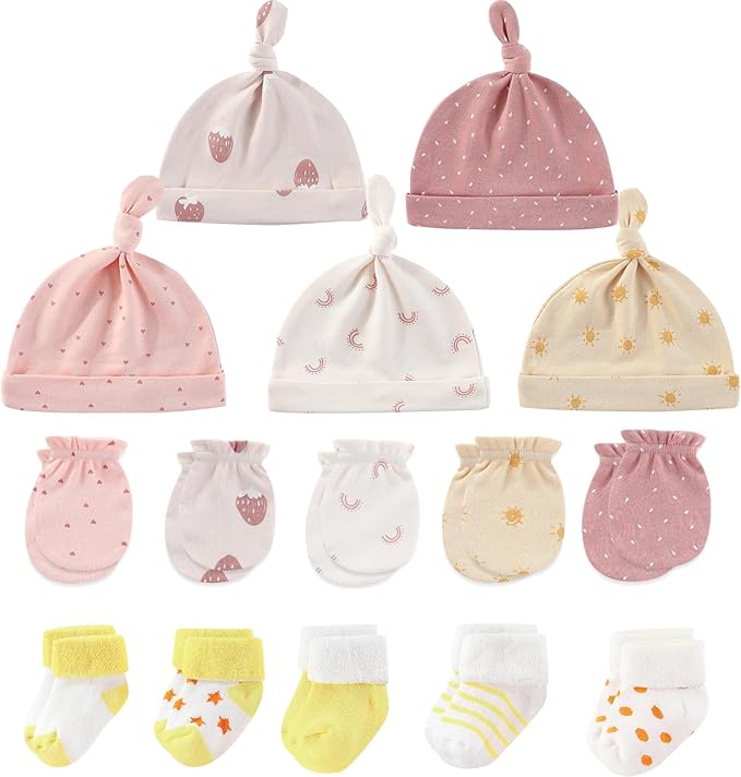 Newborn Baby Boy Girl Caps Mittens Socks Set Cotton Baby Essentials Accessories (Hats+Gloves+Socks)