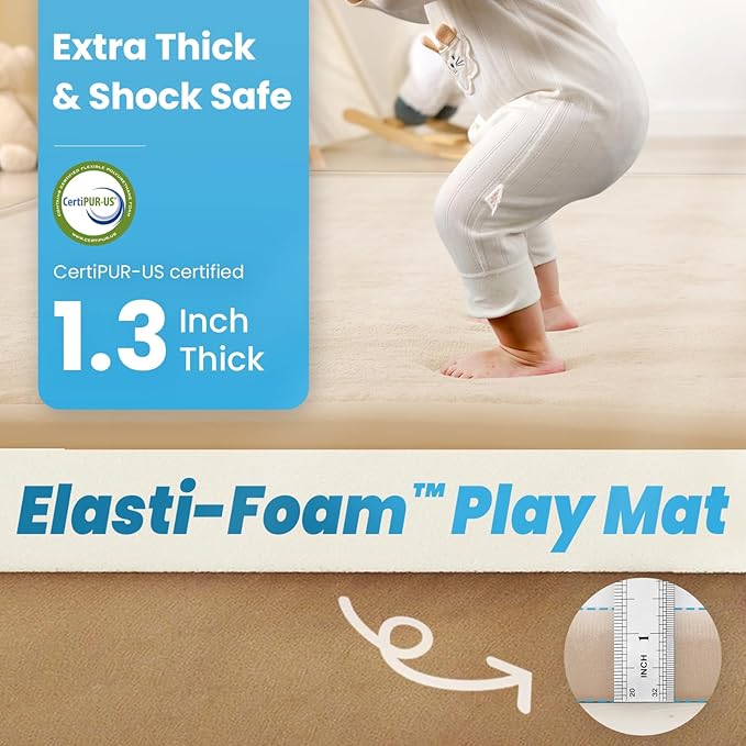 1.3" Thick Baby Play Mat for Floor, 79x79 Large Foam Tummy Time Mat, Padded Support Soft Plush Nursery Rug for Infant Kids Toddler Crawling Kick Activity (Beige)