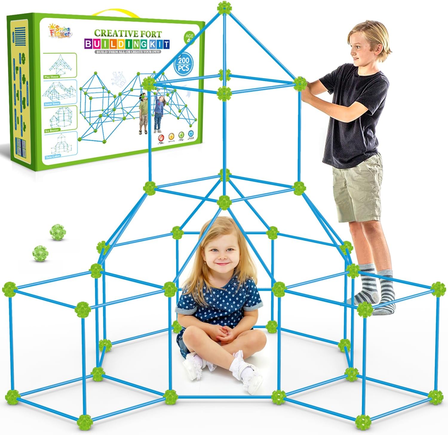 SpringFlower Fort Building Kit for Kids,STEM Construction Toys, Educational Gift for 3 4 5 6 7 8 9 10 11 12 Years Old Boys and Girls,Ultimate Creative Set for Indoor & Outdoors Activity,200 Pcs,Green