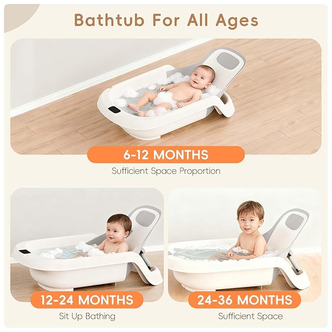 Baby Bathtub for Newborn to Toddler, Reclining Newborn Bathtub, Adjustable Baby Tub with Bath Kneeler Pad & Clean Rinse Cup, 0-36 Months (Gray)