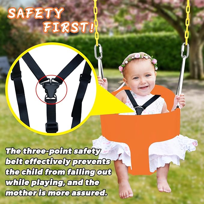 High Back Full Bucket Toddler Swing Seat with 3- Point Adjustable Safety Harness, 66 inch Detachable Chain,Suitable for Babies Aged 6-24 Months，Baby Swing for Swingset (Pink)