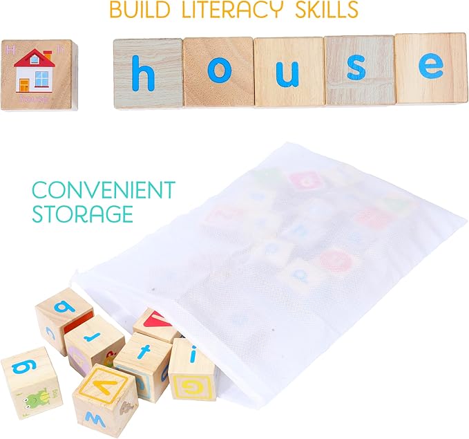 Montessori Mama Wooden Blocks for Toddlers 1-3 - Large 1.6" Hardwood Stacking Blocks with Letters, Shapes, Colors, and Images - Perfect for Early Development and Play