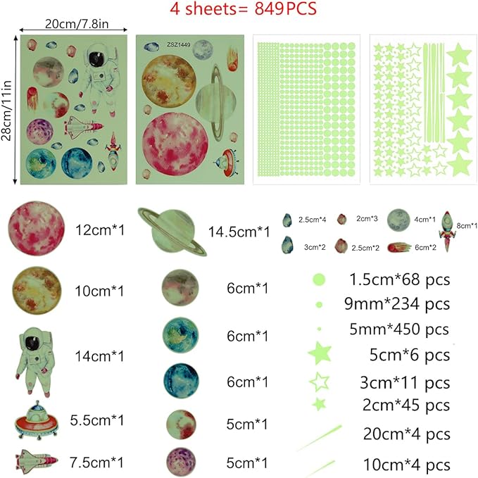 Glow in The Dark Stars for Ceiling Decor,849 Pcs Glowing Stickers for Ceiling Planets, Luminous Stars and Dots Wall Decals Kids Living Room,Rocket Astronaut Decorations for Boys Girls