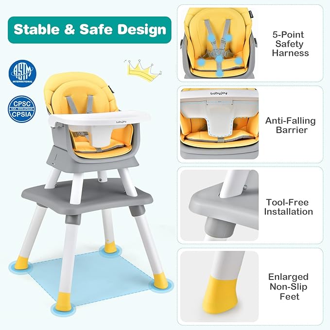 BABY JOY Baby High Chair, 8 in 1 Convertible Highchair for Babies & Toddlers | Booster Seat | Table and Chair Set | Building Block Table | Toddler Chair with Safety Harness, Removable Tray (Yellow)