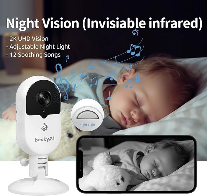 Smart Baby Monitor Contact-Free with Sleep & Breathing Tracking, 2K Secure Wi-Fi Video Camera Supporting Local Video Recording, AI Face Capture, Crying Alerts, Face Cover Alarm, Night Vision