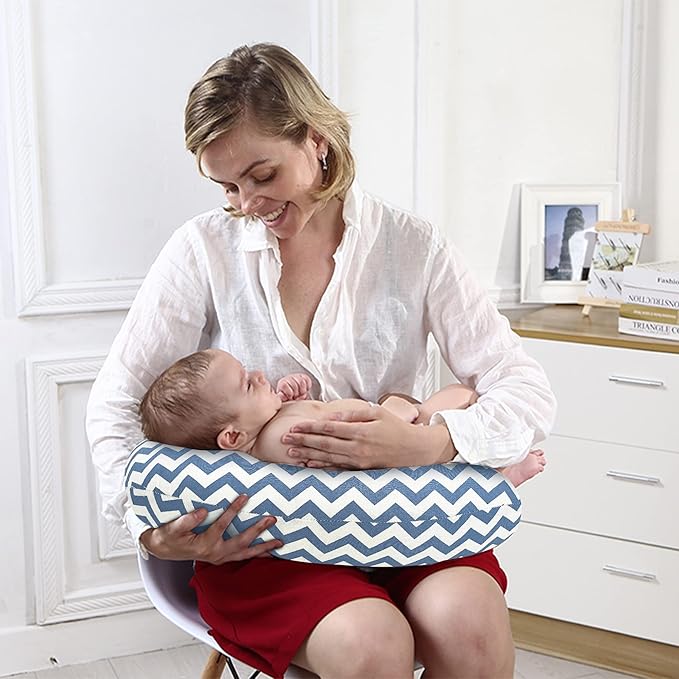 LAT Nursing Pillow for Breastfeeding,100% Cotton Removable Cover,Ergonomic Breast Feeding Pillows for Mom and Baby,Machine Washable(Blue Wave)