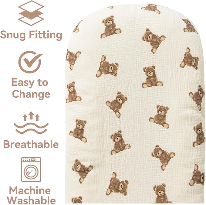 Little Jump Organic Cotton Muslin Baby Lounger Covers, 2 Pack, Soft Removable Slipcovers for Newborn Infant Lounger, for Girls Boys, Coffee Checkered (Teddey Bears & Kakhi)