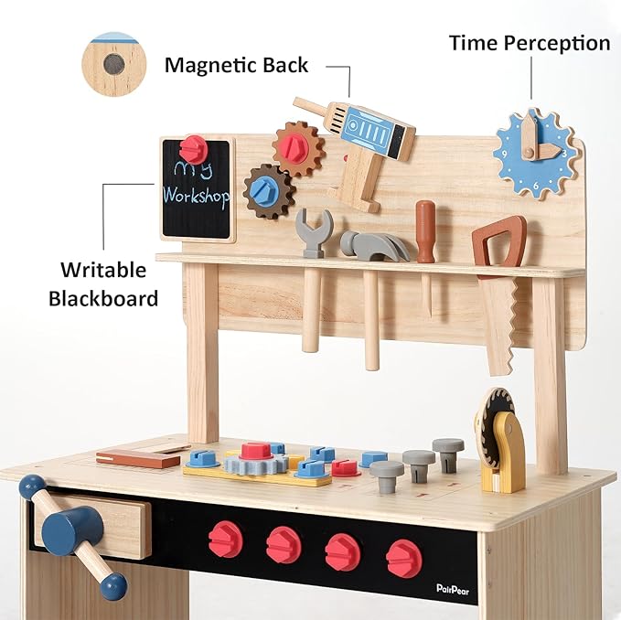 PairPear Wooden Kids Tool Bench & Carry Toolbox – 71 Pcs Pretend Play Tool Workbench with Drills, Kids Construction Toy Workbench Workshop for Boys Girls Age 3+