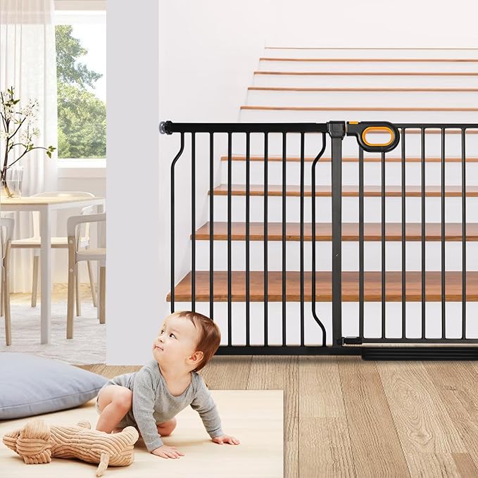 Owlie Baby Gate with Door 66-75 Inch, Extra Wide Stair Gates for Kids Adjustable Wide Dog Pet Gate Stairway Large Baby Gates Pressure Mount for Pets for House Stairway Doorway Black (30.5'' Tall)