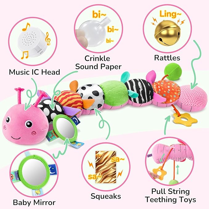Baby Toys 6-12 Months Music Caterpillar Infant Toys Stuffed Animals 0-3-6 Months Teething Tummy Time Sensory Toys with Mirror Rattle&Pull String for Boys Girls Birthday Gifts|Candy Pink,Leafy
