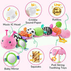 Baby Toys 6-12 Months Music Caterpillar Infant Toys Stuffed Animals 0-3-6 Months Teething Tummy Time Sensory Toys with Mirror Rattle&Pull String for Boys Girls Birthday Gifts|Candy Pink,Leafy
