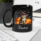 Personalized Exotic Shorthair Wearing Witch Hat Ceramic Cup, Exotic Shorthair Coffee Mugs Gift for Halloween, Custom Name Pet Cat with Pumpkins Halloween Cup, Cat Owner Black Mug 11oz 15oz