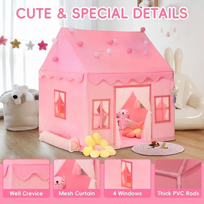 Large Kids Tent Playhouse Basic Mat with Star Lights, Flags and Tote Bags, Play Tent Indoor & Outdoor, Washable Teepee Tent for Boys & Girls, Kids Play House for Toddler（Pink）