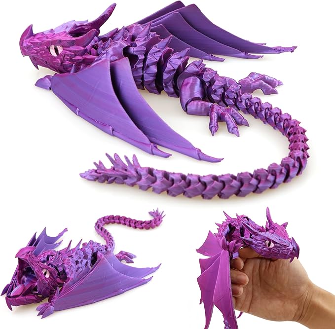 3D Printed Dragon with Wings, Fidget Dragon Toys, 3D Printed Animals, Flexible Articulated Winged Crystal Dragon Model,Home Office Decor Desktop Pet(Gradation Purple)