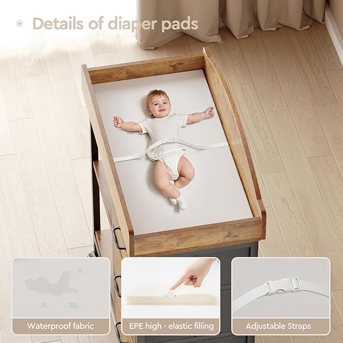 Changing Table Dresser, Baby Dresser with 3 Fabric Drawers and 2 Shelves, Multi-Functional Baby Changing Table with Pad, Classic Nursery Dresser, Diaper Changing Station, Rustic Brown