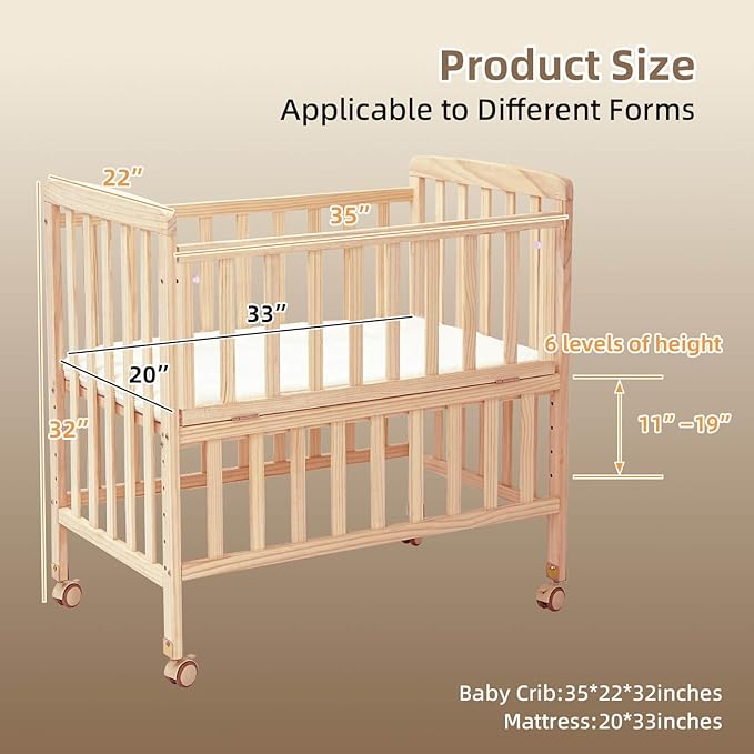 Baby Bassinets Bedside Sleeper - Portable Pine Wood Bedside Bassinet,6 Heights Small Mini Crib with Mattress,Space-Saving Design Baby Crib for Newborns 0-12 Months,Unpainted