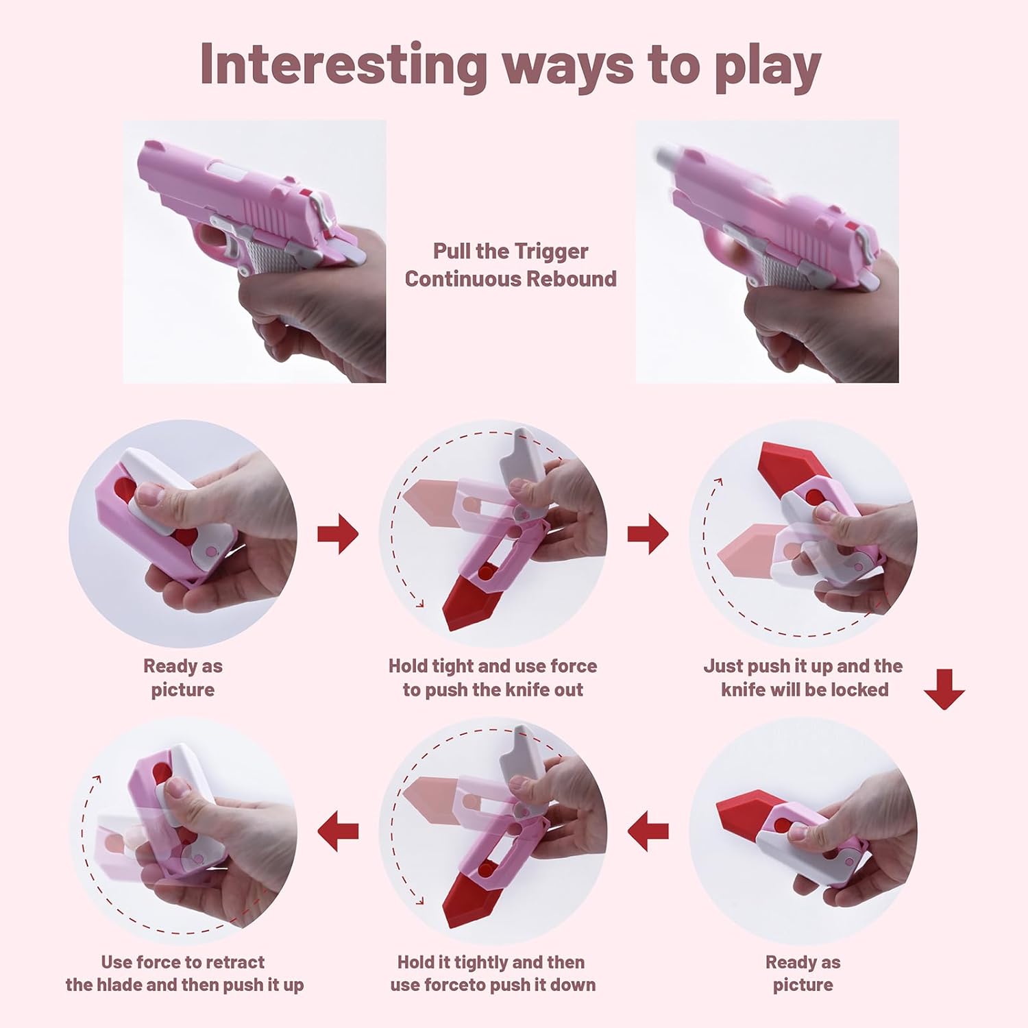 4 PCS Fidget Toys Set，3D Printing Fidget Knife Toy and Pistol Toys,Fidget Toys Adults and Kids，Sensory Toy Fidget Toys for Classroom，Suitable for Relieving ADHD,Stress, Anxiety (Pink Set)