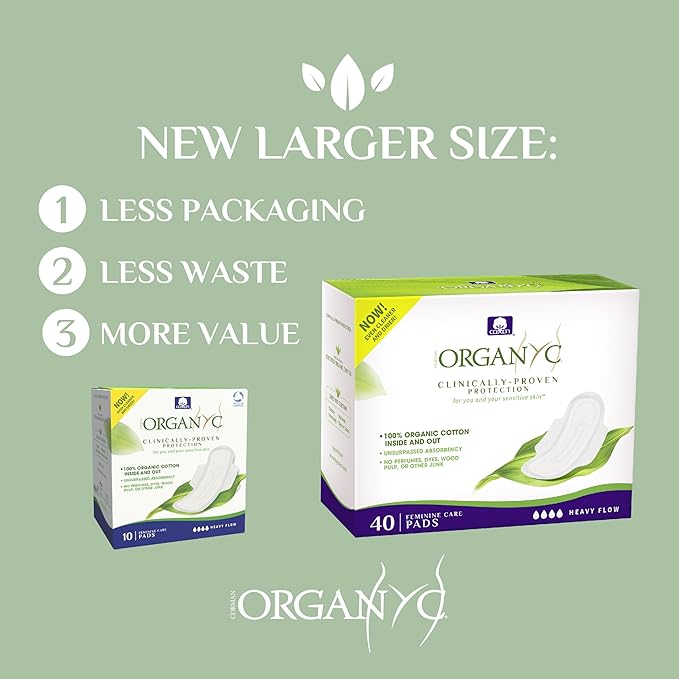 Organyc - 100% Certified Organic Cotton Inside and Out Feminine Pads, Sanitary Napkin 40 Count, Heavy Flow, New Larger Size Packaging