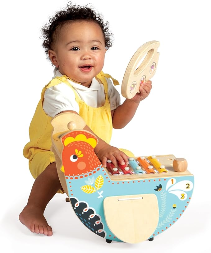 Manhattan Toy Musical Chicken Wooden Instrument for Toddlers with Xylophone, Drumsticks, Cymbal and Maraca,Blue