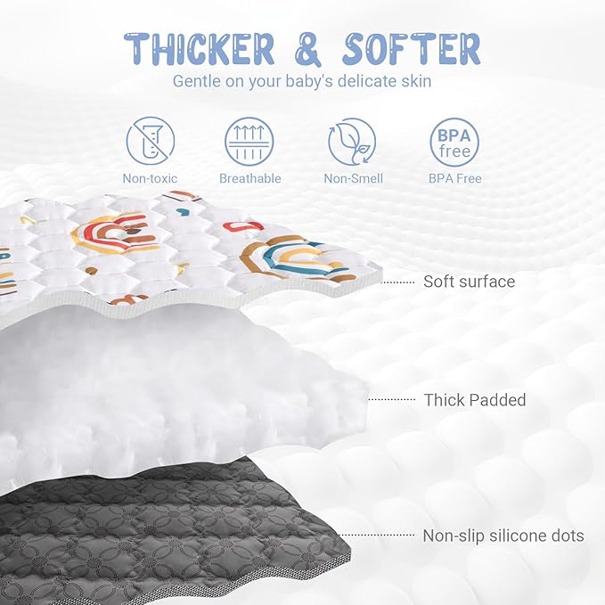 Boho Rainbow Baby Play Mat 50x50 Playpen Mat Thicken Soft Baby Crawling Mat Non-Slip Cushioned Baby Floor Mat with Letters, Activity Playmats for Babies Toddlers Play & Tummy Time (50X50,White)