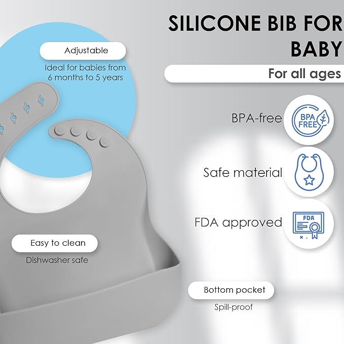 Bluet B- Silicone Baby Feeding Set with Pacifier - Baby Led Weaning Supplies - Baby Spoons, Suction Bowl - Plate - Baby Utensils Set - Silicone Feeding Set for Baby First Foods - 11pcs - Gray