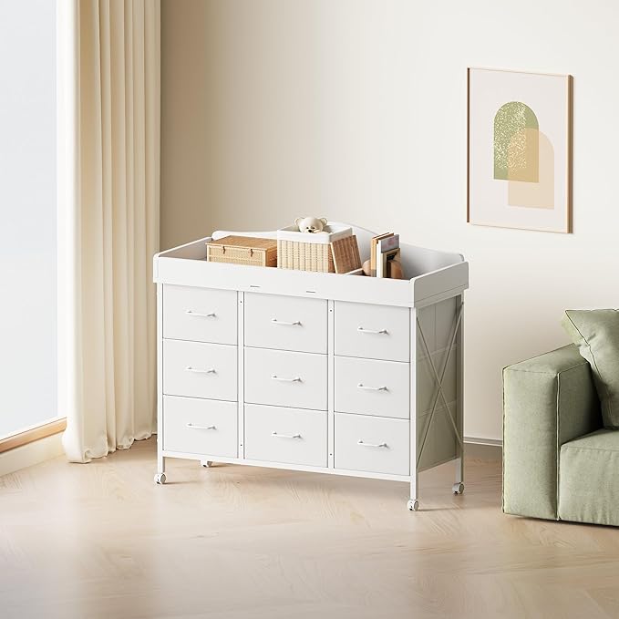 Baby Changing Table with 9 Fabric Drawers, Waterproof Diaper Changing Station & Pad, Mobile Nursery Diaper Changing Table, Baby Furniture, Bedroom, White