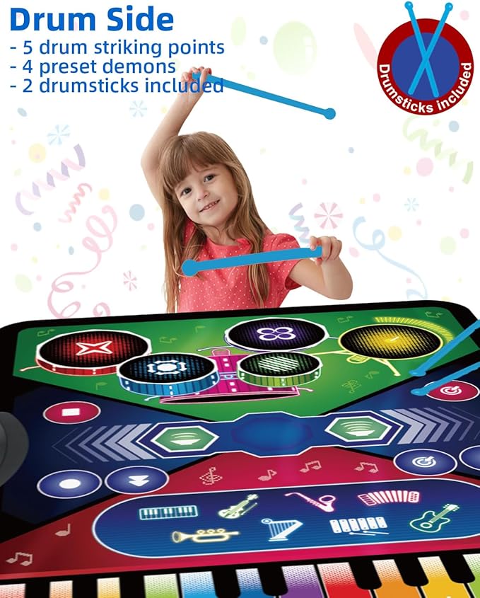 SUNLIN 2-in-1 Music Jam Mat, Music Learning Toy for Boys Girls 3-6, Drum Set + Piano Mat, Toddler Birthday Gift 3 4 5 6 Years, Record & Playback, Built-in Songs, 8 Instrument Sounds, Volume Control