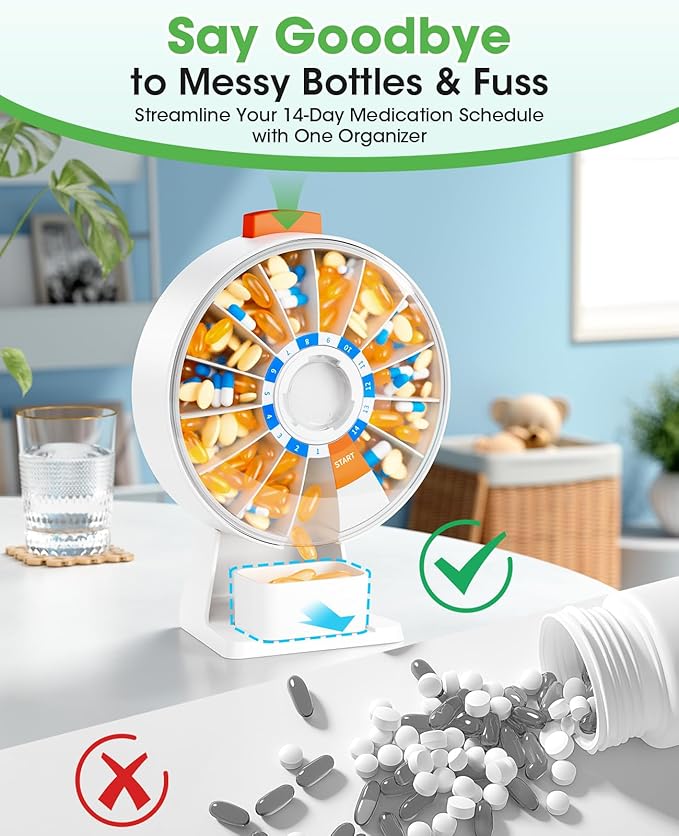 Daviky Pill Dispenser Daily, Large Pill Organizer with Wall-Mounted or Standing Use, 14 Days Pill Box, Push Button Design, Weekly Pill Organizer for Vitamin, Medicine.Supplement, Fish Oil