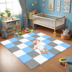 qqpp EVA Rubber 18 Tiles Interlocking Puzzle Foam Floor Mats - Baby Play Mat for Playing | Exercise Mat for Home Workout. White, Blue, Gray. QC-AGLb18N